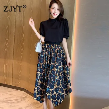 

2020 New Fashion Summer 2 Piece Set Women Skirt and Top Elegant Puff Sleeve Black Top Print Irregular Skirt Suit Matching Sets