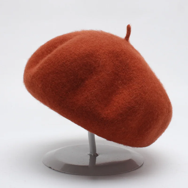 Женские осенне-зимние береты, шляпа в стиле художника, женская шапка из шерсти, винтажные береты, одноцветная шапка, женская шапка, теплый берет для прогулок - Цвет: Rust red