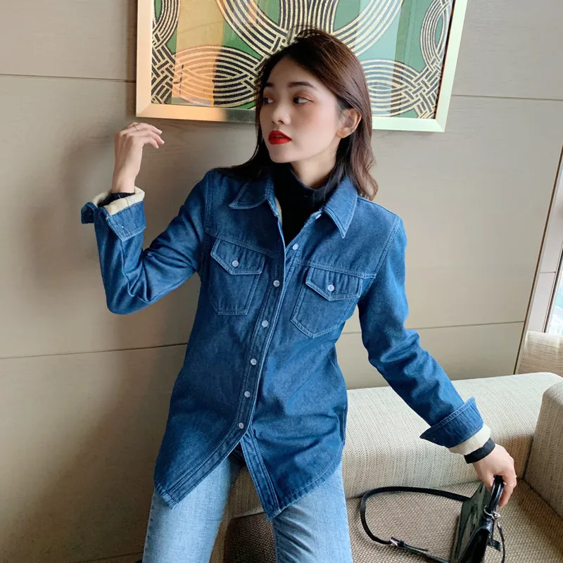 New Casual Denim Long Sleeve Shirts Women Winter Warm Velvet Thicken Tops Femme Loose Plus Size Blouse Long Outwear Jeans Coats 6