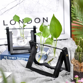 

New Modern Hydroponic Plant Vases Vintage Flower Pot Transparent Vase Wooden Frame Glass Tabletop Plants Home Desktop Decor