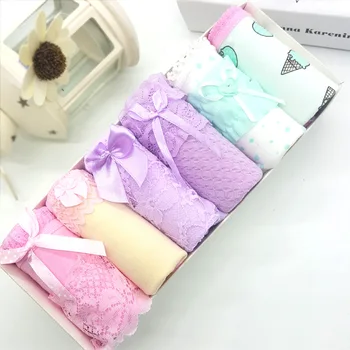 

6 Pcs / Set Women Soft Cozy Cotton Lace Bow Floral Underwear Cartoon Printed Breathable Briefs Elegant Ladies Underpants