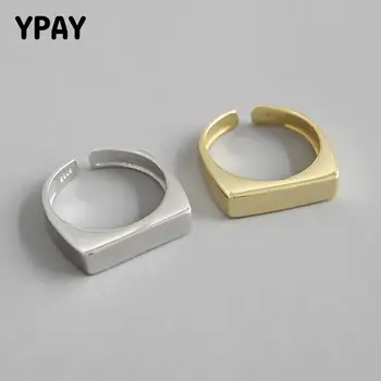 

YPAY Authentic 925 Sterling Silver Open Cuff Adjustable Rings for Women Simple Geometric Rectangle Surface Bague Jewelry YMR757