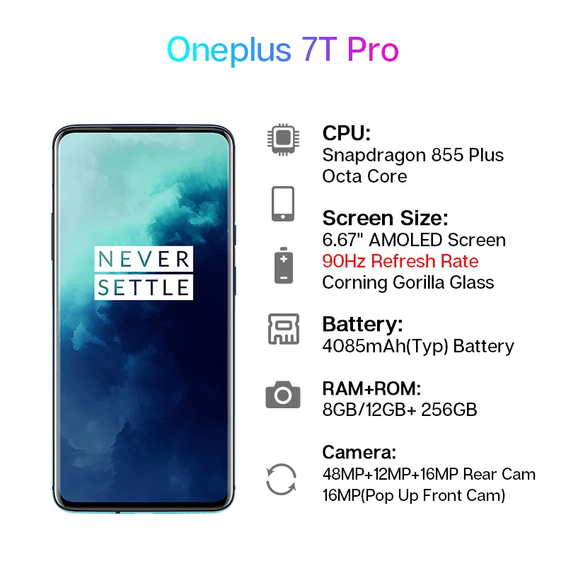 OnePlus 7T Pro Global rom Snapdragon 855 Plus 8GB 256GB 6,67 ''Fluid AMOLED экран с частотой обновления 90Hz 48MP с тройной камерой 4085mA