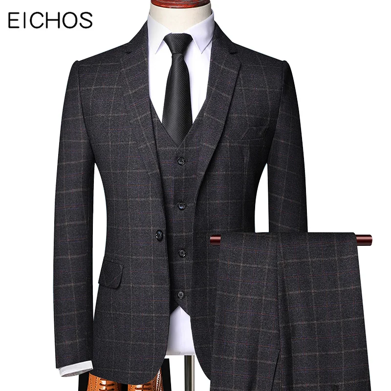Plus Size 6XL Formal Business Costume Homme Plaids Suit Three Piece Slim Fit Mens Wedding Suit For Groom Tuxedo Man