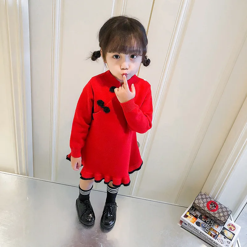 Китайское красное Новогоднее вязаное шерстяное платье принцессы Ципао для маленьких девочек
