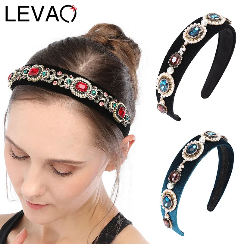 

LEVAO 2020 Bohemia Pearl Hairband Rhinestone Headband Velvet Hair Hoop Bezel Turban Girls Elegant Vintage Women Hair Accessories