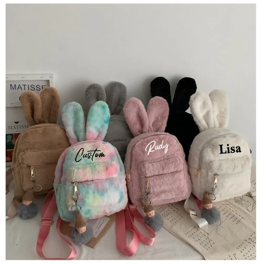 Custom Fluffy Bunny Backpack Korean Mini Backpack For Girls Cute 2022 New Bear Ears Plush Women Backpack Faux Fur Shoulders Bag 2