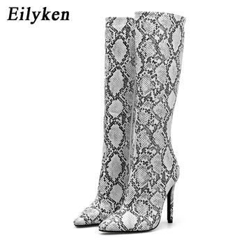 

Eilyken New Plus Size 35-40 Snakeskin Printing Woman Shoes Sexy Thin Heels Fashion Zipper Knee High Boots Women Size 35-40