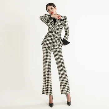 

Professional pants suit female new style OL temperament suit fashion houndstooth long sleeve suit pants 2piece set women