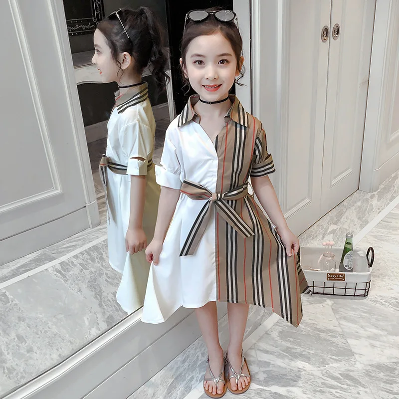 Girls Dress Short Sleeve Summer Kids Dresses for Girl Striped Patchwork Bow Children Princess Clothing 3-12Years | Детская одежда и