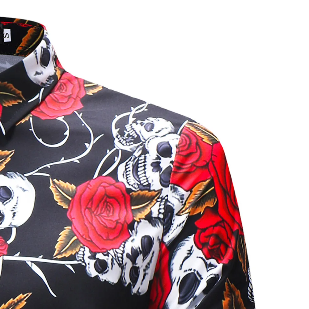 Camisas Masculina Мужская модная рубашка с длинными рукавами и принтом в виде черепа и розы, Мужская Повседневная Блузка с цветочным принтом