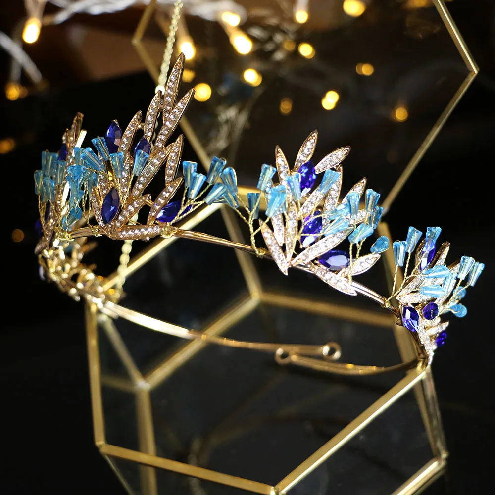 Queenco, богемная корона, синий кристалл, тиара, корона для невесты, золотые листья, свадебные аксессуары для волос, этническая головная повязка, подарки для девочки