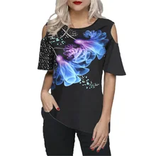 3D Floral Print Shirts Short Sleeve Womens Summer Loose Casual Short Tshirts Leakage Shoulder Big Size 5XL 2020 Camiseta Mujer