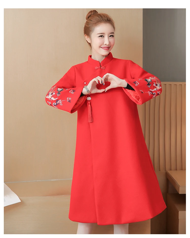 Винтажное женское китайское платье с длинным рукавом morden qipao элегантное шерстяное платье с цветочной вышивкой плотное теплое платье Чонсам плюс