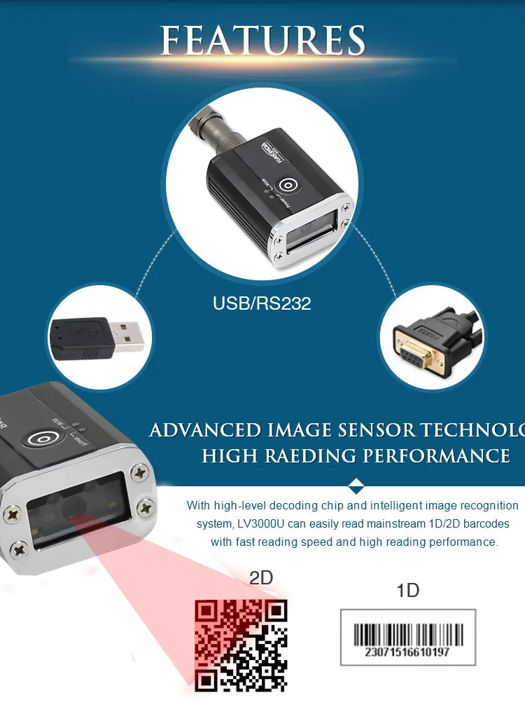 LV3000U Plus IP68 Rugged Industrial Fixed Mount 2D Barcode Scanner for Production Line with RS232 Cable