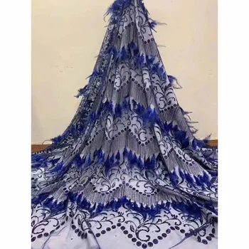 

High class blue French net lace material charming party tulle lace fabric with feather HNZ303(5yards/lot)
