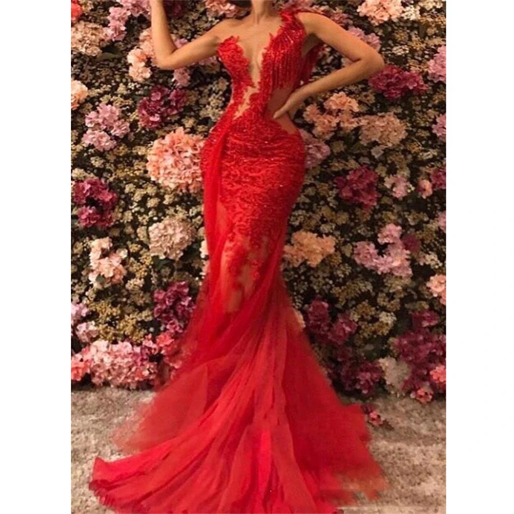 2021 Red Sheer See Through Backless Mermaid Prom Dresses Plus Size Lace Tulle One Shoulder Evening Gowns Sexy robe de soiree short formal dresses