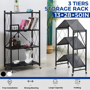 

4 Tiers Movable Folding Shelf Bookshelf Metal Storage Organizer Rack Shelving For Kitchen Cabinet Microwave Oven Storage Shelf
