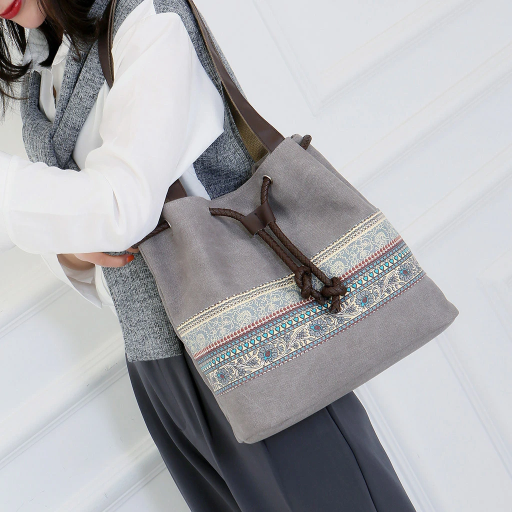 Style Canvas Handbags Women Drawstring Bucket Bag Lady Cheap Shoulder Single Shoulder Shopping Bags Floral Printed Beach Bag 820