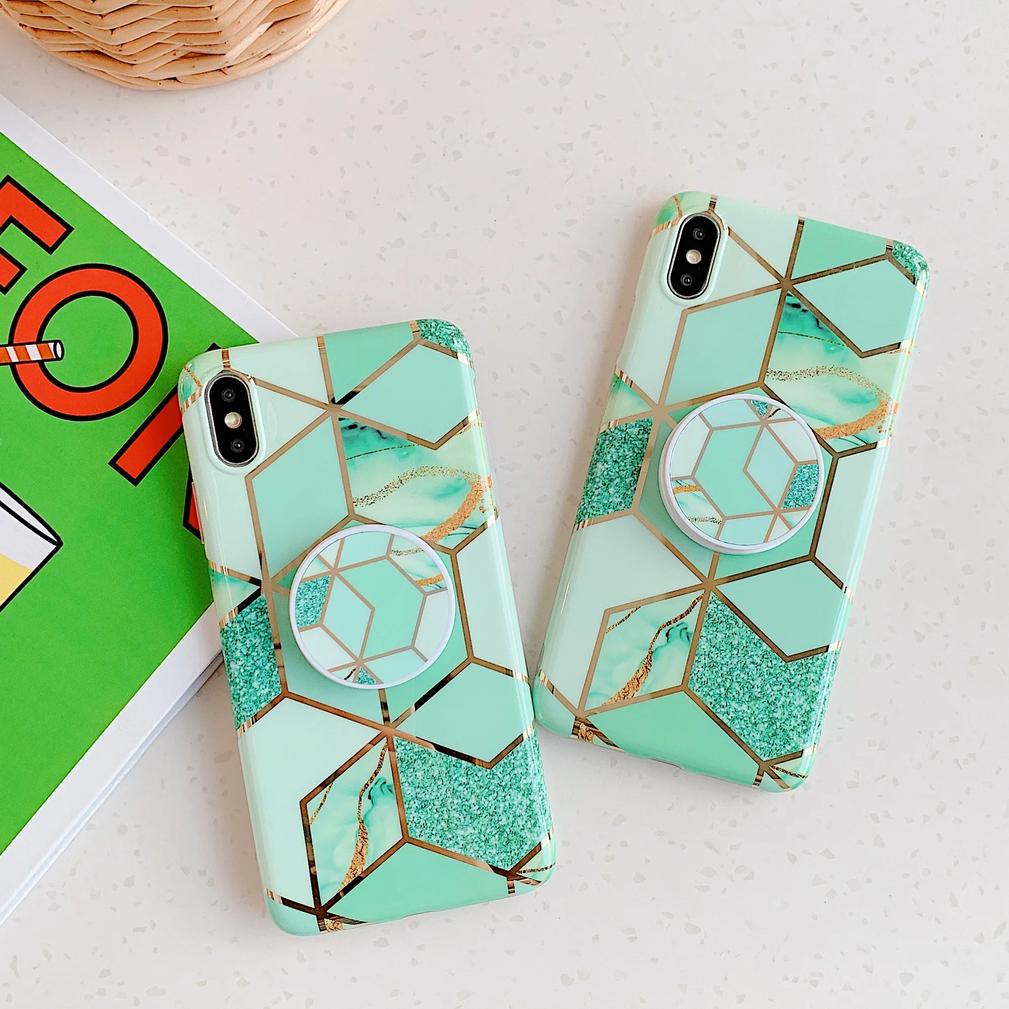 

Electroplated Gold Stripe Geometric Mosaic Green Marble Phone Case for iPhone Xs MAX Xr X 6 6s 7 8 Plus Stand Holder Back Cover