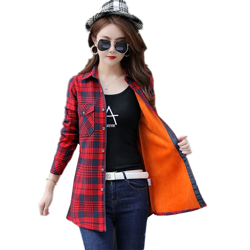 Новая длинная бархатная блузка плотная теплая женская рубашка в клетку Женские