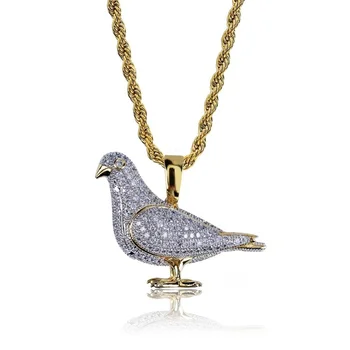 

New Style Iced Out Gold Color Plated Two Tone Micro Pave Zircon Pigeon Pendant Necklace Hip Hop Jewelry for Men Women