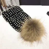 Winter Women's Nature Raccoon Fur Pom Pom Knitted Beanies Rhinestone Beads Pearl Skullies Girls Real Fur Knit Caps  Bonnet Hat 1