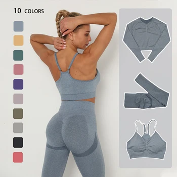 

Seamless Yoga Set Women Workout Sportswear Gym Clothing Fitness Long Sleeve Crop Top High Waist Leggings+Sport Bra Sports Suits