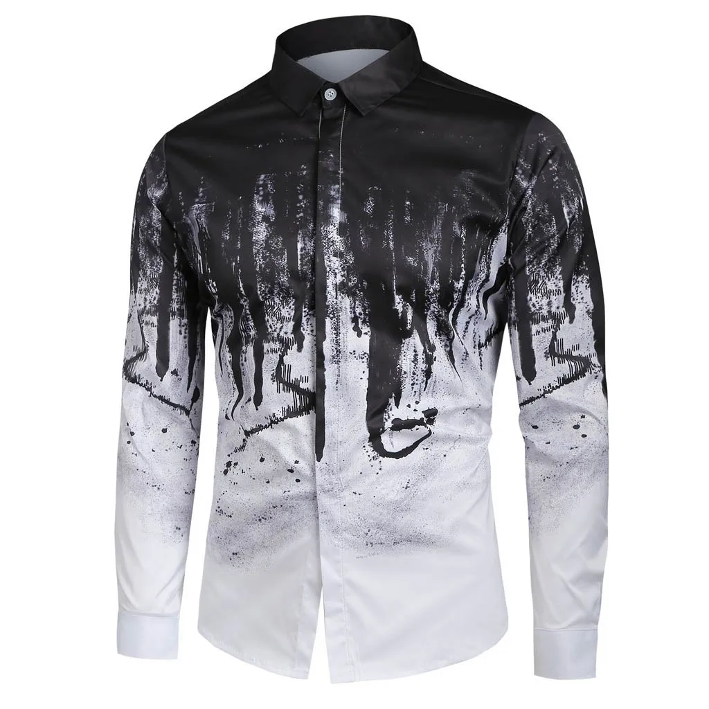 Осенние мужские повседневные тонкие рубашки, подходят для уличной одежды, для отдыха, с разноцветными отворотами, черная рубашка с пуговицами, блуза с длинными рукавами, топы
