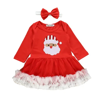 

Christmas Santa Claus Pattern Casual Long Sleeve Dresses With Headband for baby girls