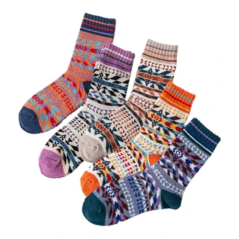 

5 Pairs Unisex Vintage Ethnic Snowflake Stripes Print Crew Socks Winter Warm Colorful Thick Knit Faux Wool Hosiery Gifts