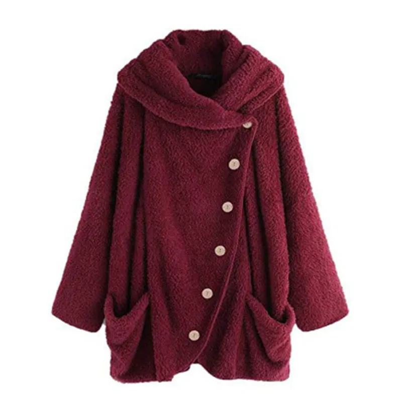 2019Women's пушистое пальто зимнее повседневное свободное сплошного цвета с кнопками анти-воротник плюшевый медведь пальто теплая мягкая зимняя одежда большого размера - Цвет: E
