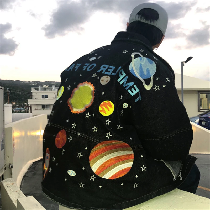 Однотонный хип хоп вышивка мужская джинсовая куртка светоотражающая лента 3M