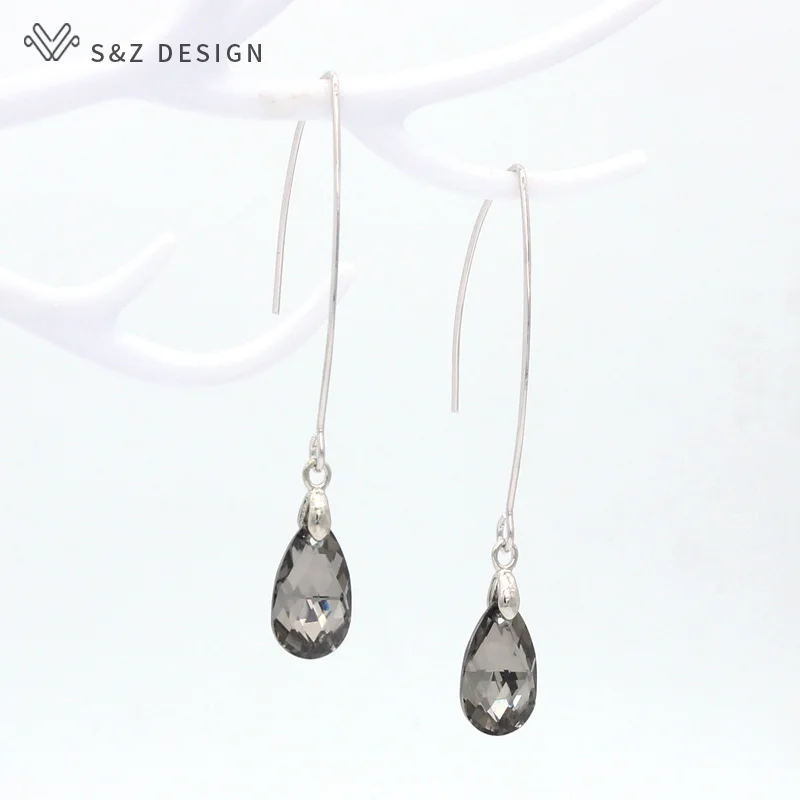 S&Z DESIGN New Fashion White Gold Color Water Drop Crystal Dangle Earrings Simple Long Ear Hook For Women Party Jewelry Gift