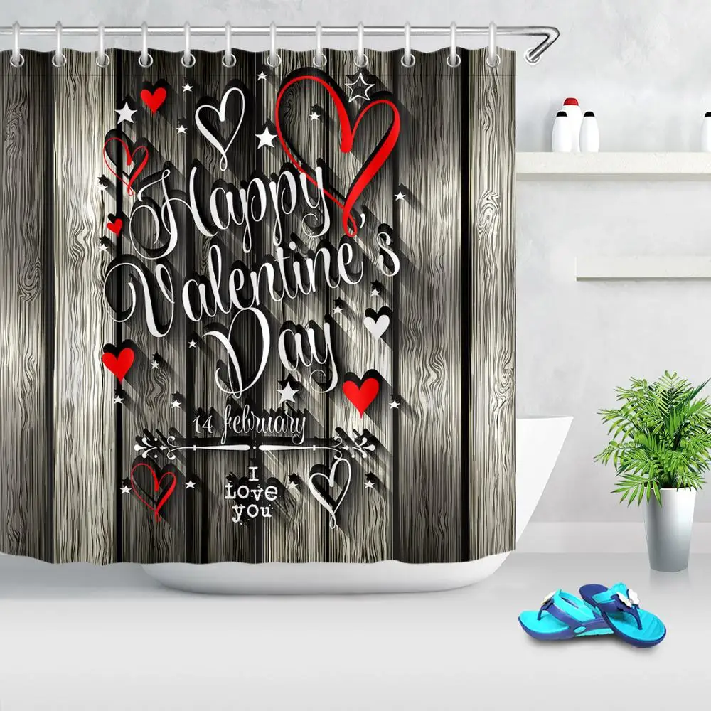 Happy Valentines Day водонепроницаемый занавеска для душа красные сердца винтажная деревянная доска занавеска для ванной серая занавеска С 12 крючками