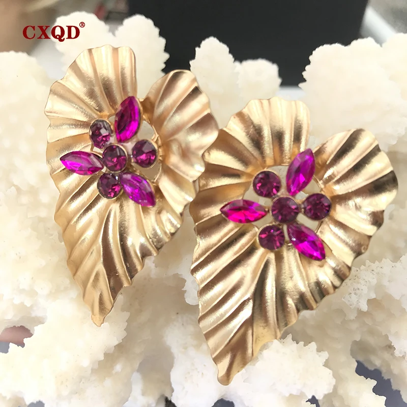 

CXQD Matte Meta Glass Stud Earrings For Women Alloy Gold Crystal Brincos Fashion Leaves Smart Jewelry wedding Christmas