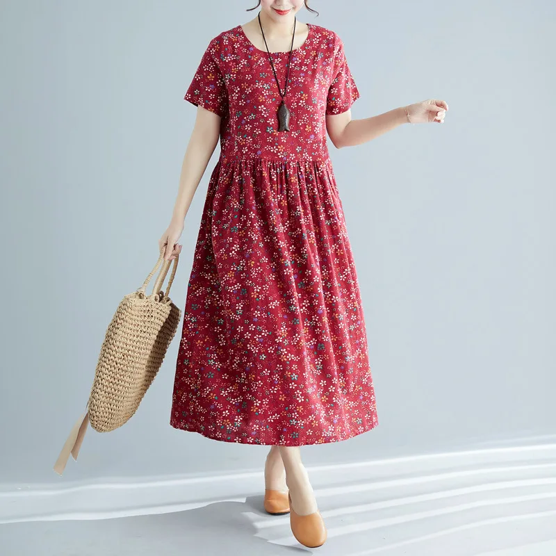 

Photo Shoot Summer New Style Literature And Art Loose And Plus-sized by Age Cotton Linen Dress Floral Print Long Skirts