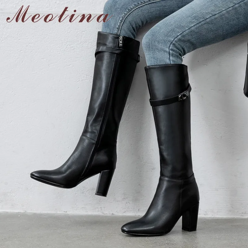 Meotina/зимние сапоги до колена женские высокие сапоги из натуральной кожи на толстом высоком каблуке обувь на молнии с круглым носком Женская Осенняя обувь, размеры 34-39