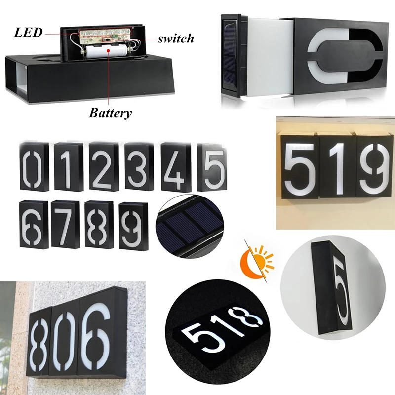 

Door Number Light Solar Wall Sign Lamps Waterproof LED 6LED Outdoor Solar Digital Number Light Doorplate