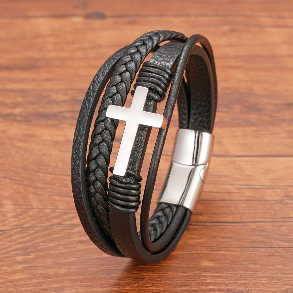Fashion Multi Layer Stainless Steel Black Cross Leather Bracelet for Men Women Classic Christian Prayer Christmas Gift - Image 2