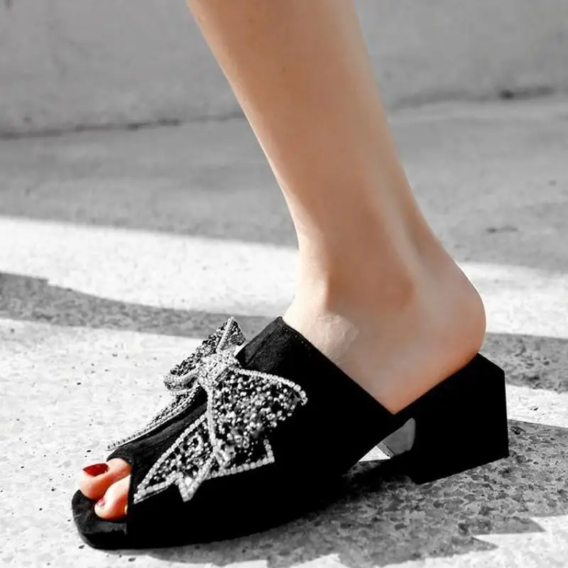 

US4-11 Womens Peep Toe Rhinestones Crystal Big Bowknot Block Chunky High Heel Slipper Slides Sandals Shoes 2Color Plus Size C448