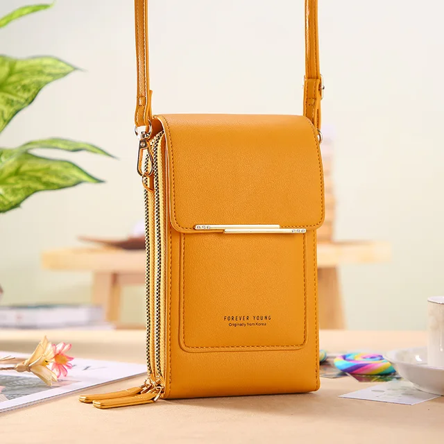 Soft Leather Wallets Touch Screen Mobile Phone Bag for Female Mini Card Holder for Key Coin Purse Vertical Crossbody Money Bags Yellow