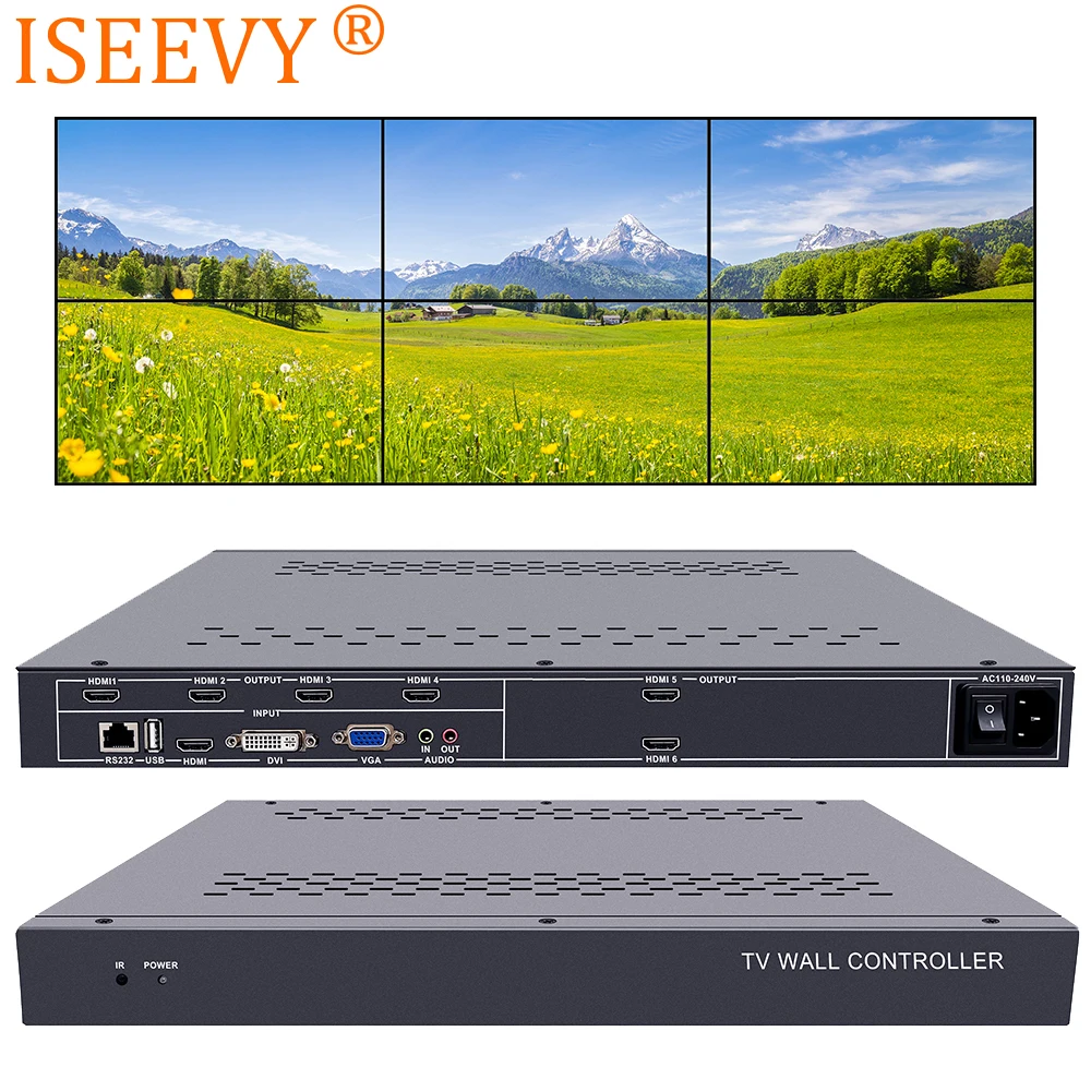 

ISEEVY 6 Channel Video Wall Controller 2x3 3x2 HDMI DVI VGA USB Video Processor with RS232 Control for 6 TV Splicing