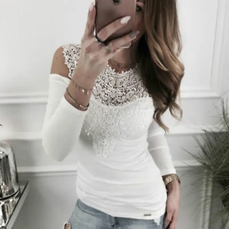 Women Autumn Sexy Solid Lace Cold Shoulder T-shirt Long Sleeve Slim New Fashion Grace Female Tops Hot Sale