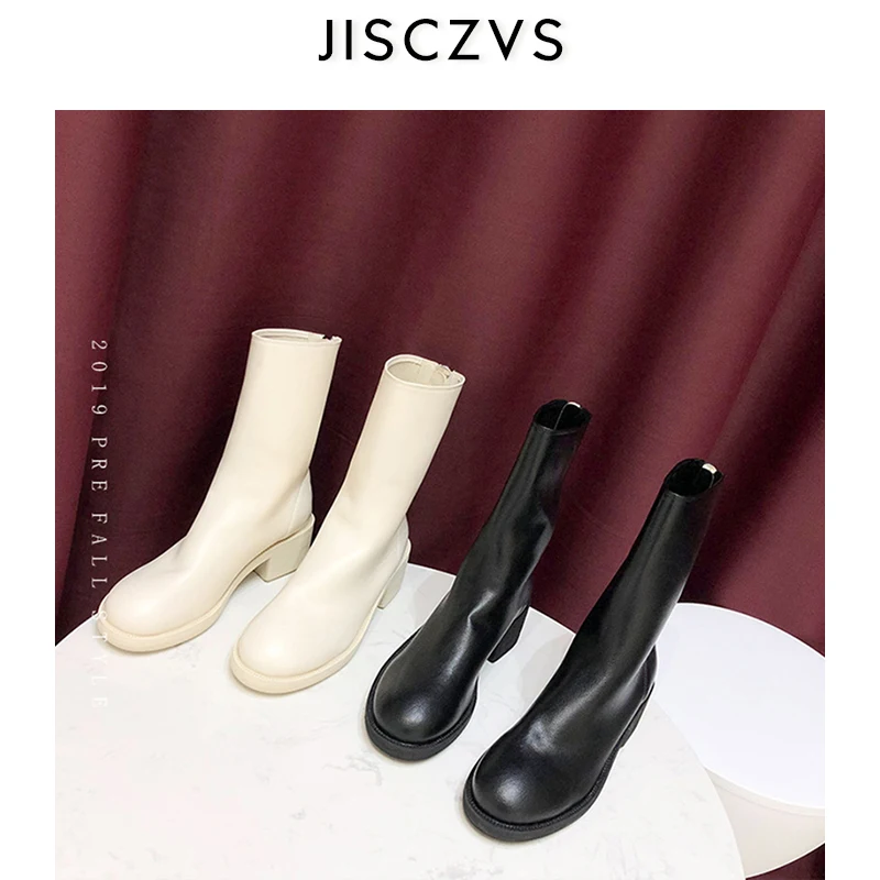 

Leather After Zip Booty Women Autumn Winter 2019 Platforms Square Heel Short Boots Black Women Motorcycle Ankle Boots Lady Shoes