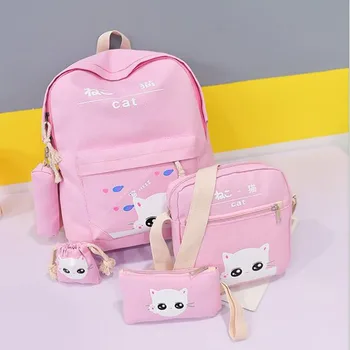 

4 Pcs/Set Fashion Backpacks Primary School Canvas Bagpack For Girls Cat Print Back Pack Travel Mochila 2019 Plecak Composite Bag