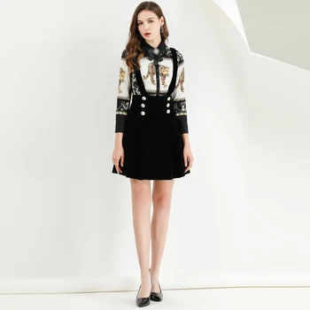 

Xiaomoli Fashion aging long sleeve nail bead bow print and velvet fake two piece dress 2019 winter new