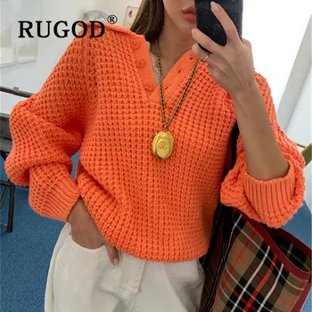 

RUGOD 2019 New Korean Style Turndown Collar Pullover Loose Solid Color Knitted Women Sweater Fashion Woman