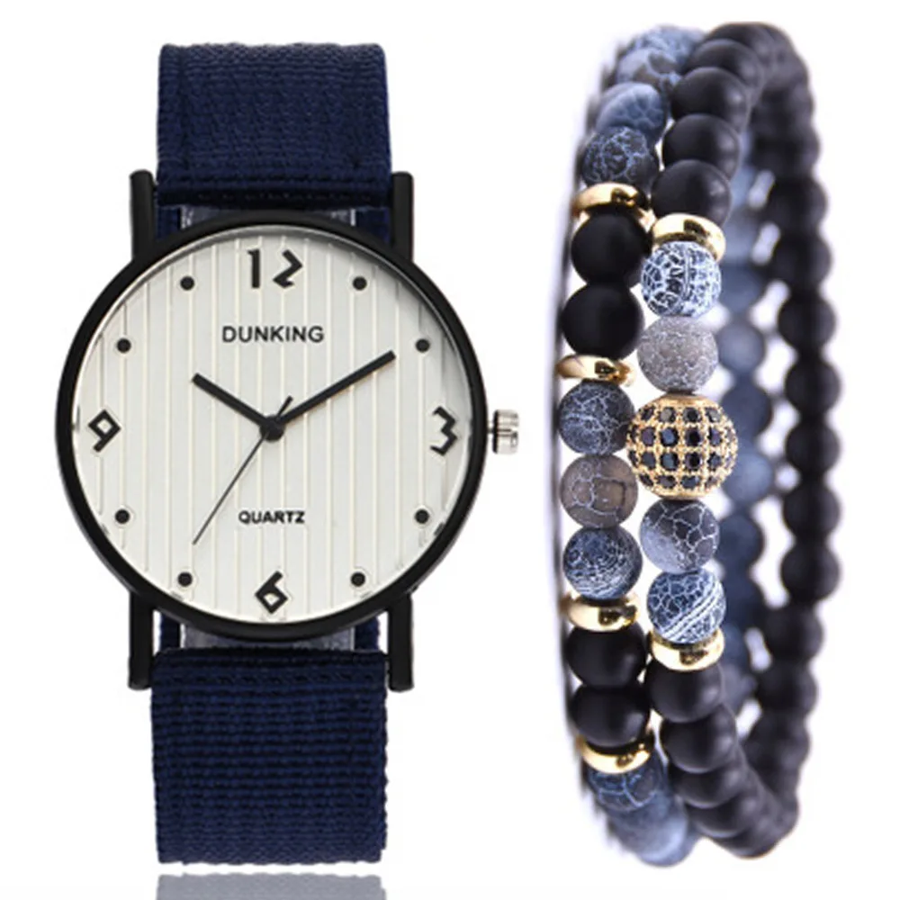 

Men-Style Simple Canvas Quartz Watch + Bracelet Set Men Watch--3pcs/set