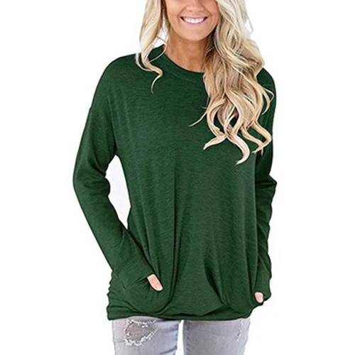 Осенне-зимняя женская футболка, модная повседневная футболка с круглым вырезом и карманом, Женские топы с длинным рукавом, футболки для девушек, женская уличная футболка - Цвет: army green